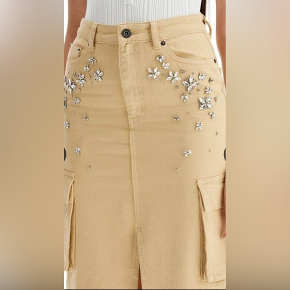 SELF-PORTRAIT Embellished Jewels Denim Cargo Maxi Skirt In Neutral NWOT Size 6 - Picture 5 of 15